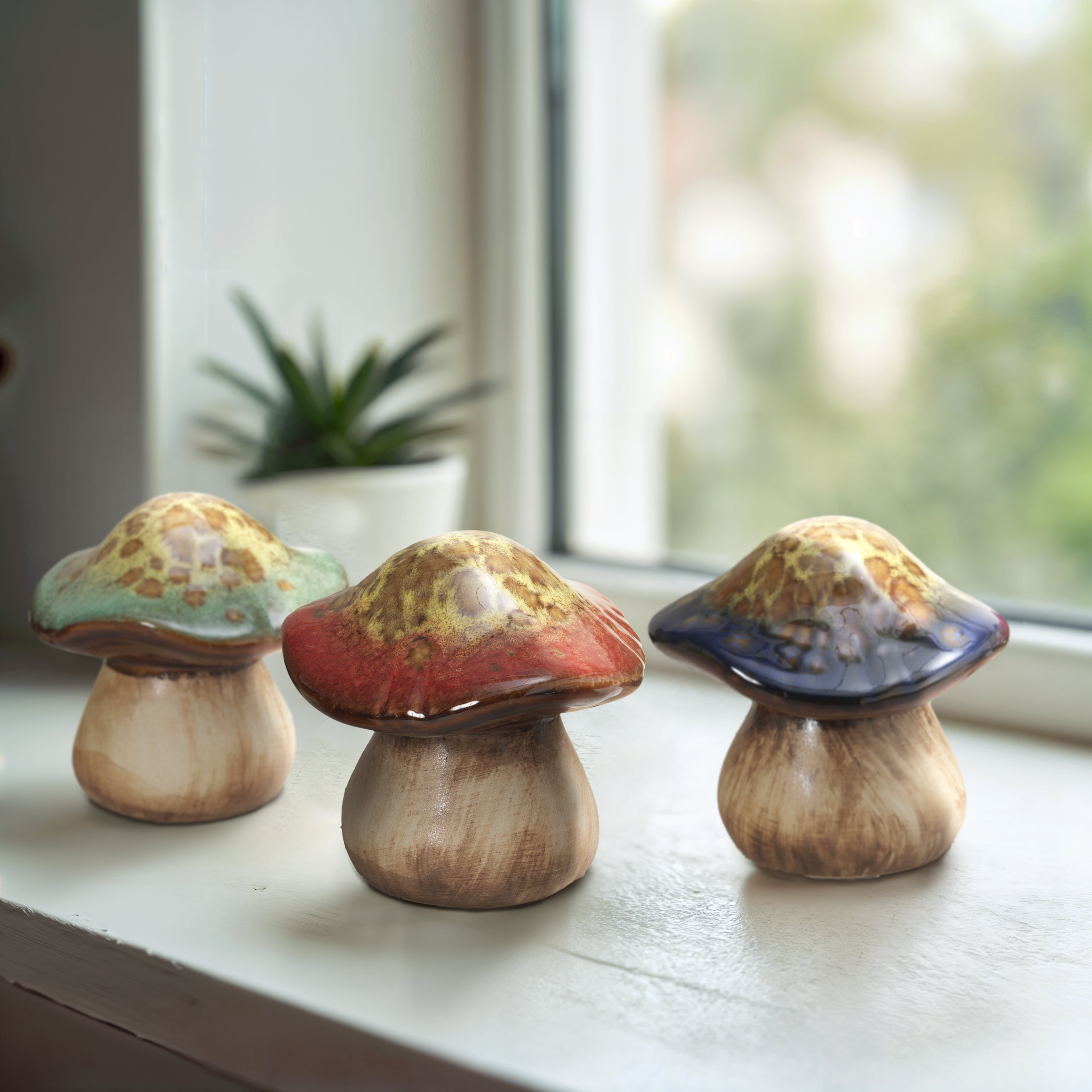 Set of 3 Ceramic Mushrooms at 4.33 inch Decorative Accents for Indoor and Outdoor Decor